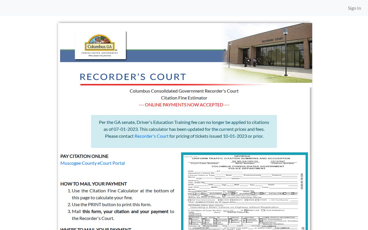 Muscogee County Recorder's Court payment and failure-to-appear information