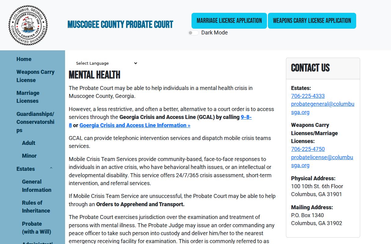 Muscogee County Probate Court noncriminal apprehension and transport order information