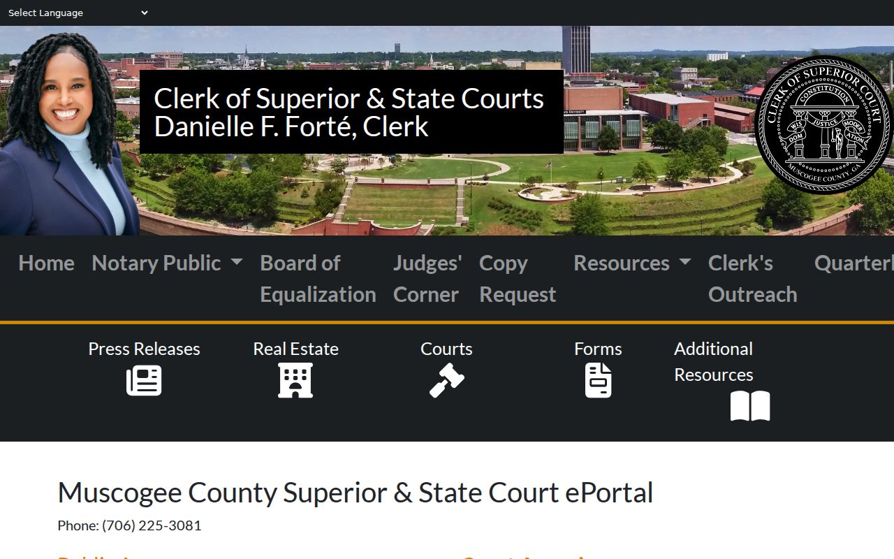 Muscogee Courts portal with court search and Government Center information